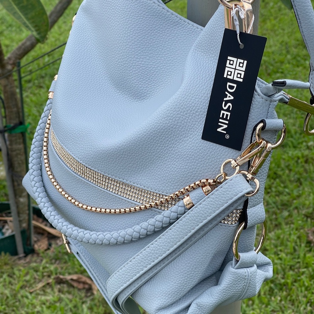 Stylish Light Blue Handbag with Gold Accents - Picture 13 of 15